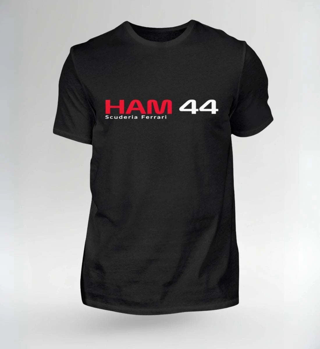 Image of NOVAWEAR HAM 44 Motorsport Shirt in black with red and white HAM 44 logo, sustainable cotton fabric, limited edition streetwear for racing fans